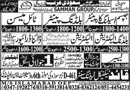 Carpenter, Tile Mason, Electrician, Driver Jobs in Saudi Arabia